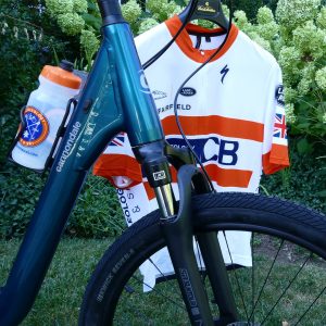 Cycleology jersey + water bottle resting on bike frame